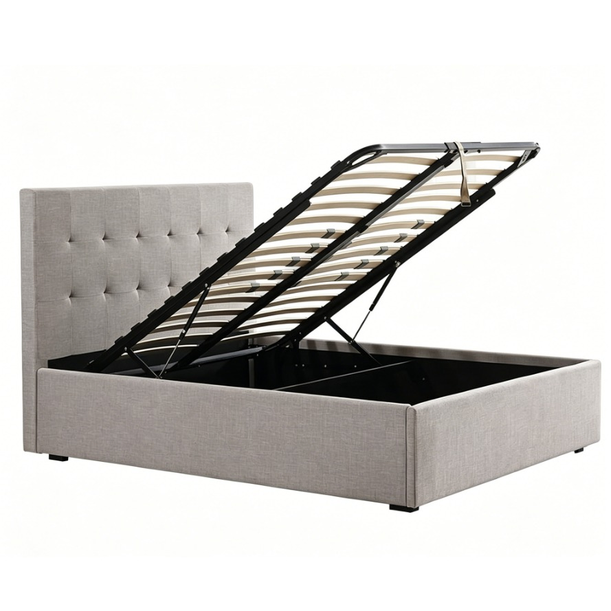 Plataforma de Cama Estofada com Pistão a Gás Cama King Size com Estrutura Dobrável Cama com Armazenamento em Container para Colchão