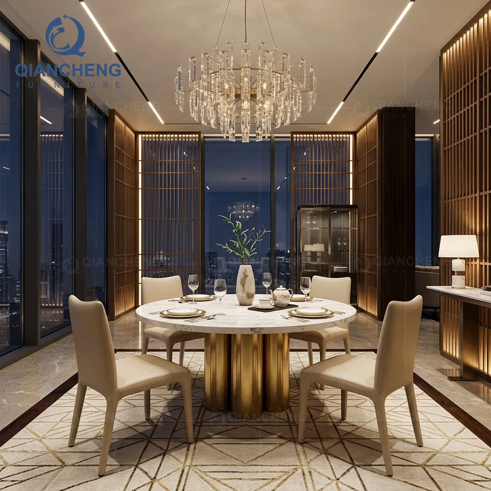 Mesa de Restaurante Redonda de Mármore Luxuosa Italiana com Base de Coluna Pedestal Dourada, Mesa de Jantar Sob Medida para Móveis de Casamento em Villa