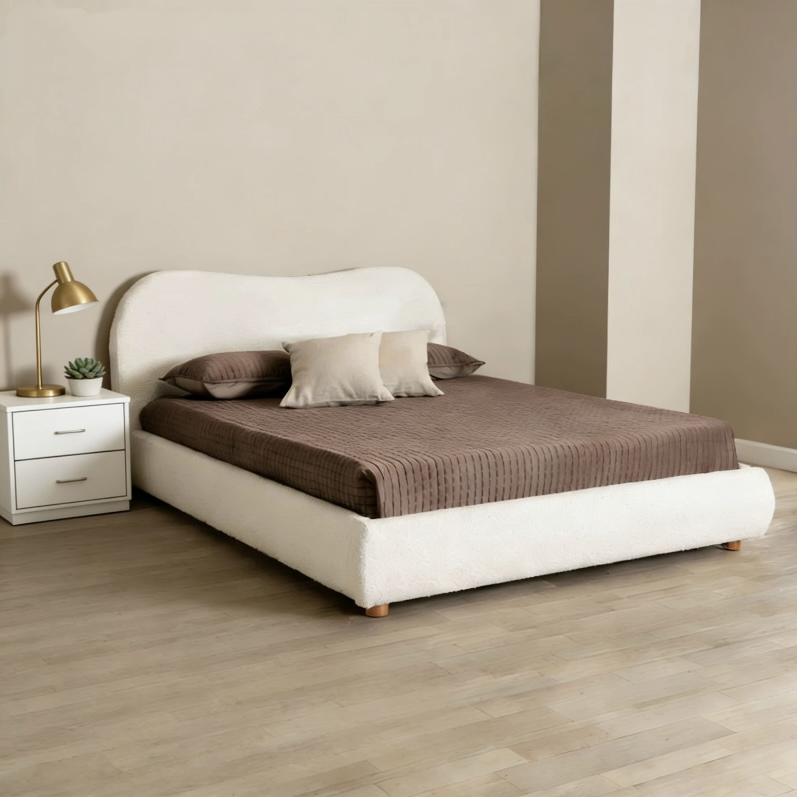 Cama Plataforma Estofada Boucle Aconchegante com Cabeceira