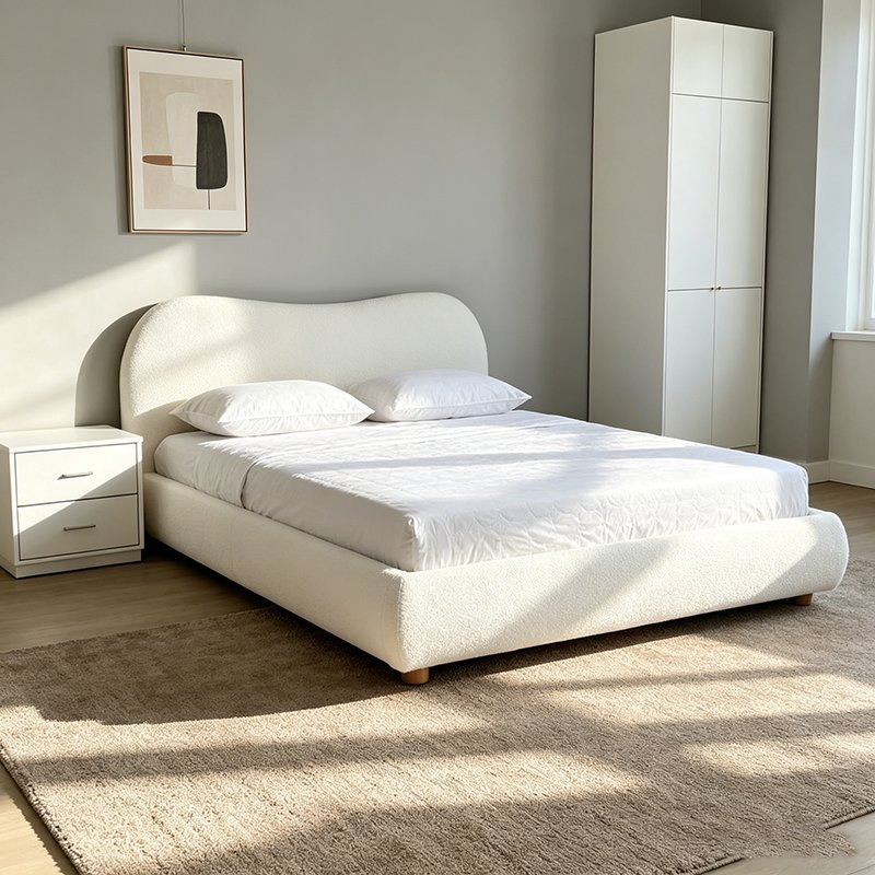 Cama estofada em boucle macio com design de base sólida