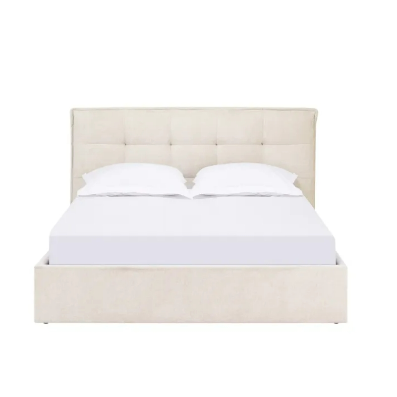 Cama Plataforma com Elevação Hidráulica Estofada Bege, Grande Espaço de Armazenamento Sob a Cama, Cabeceira Almofadada, Cama de Quarto com Estruturas Resistentes