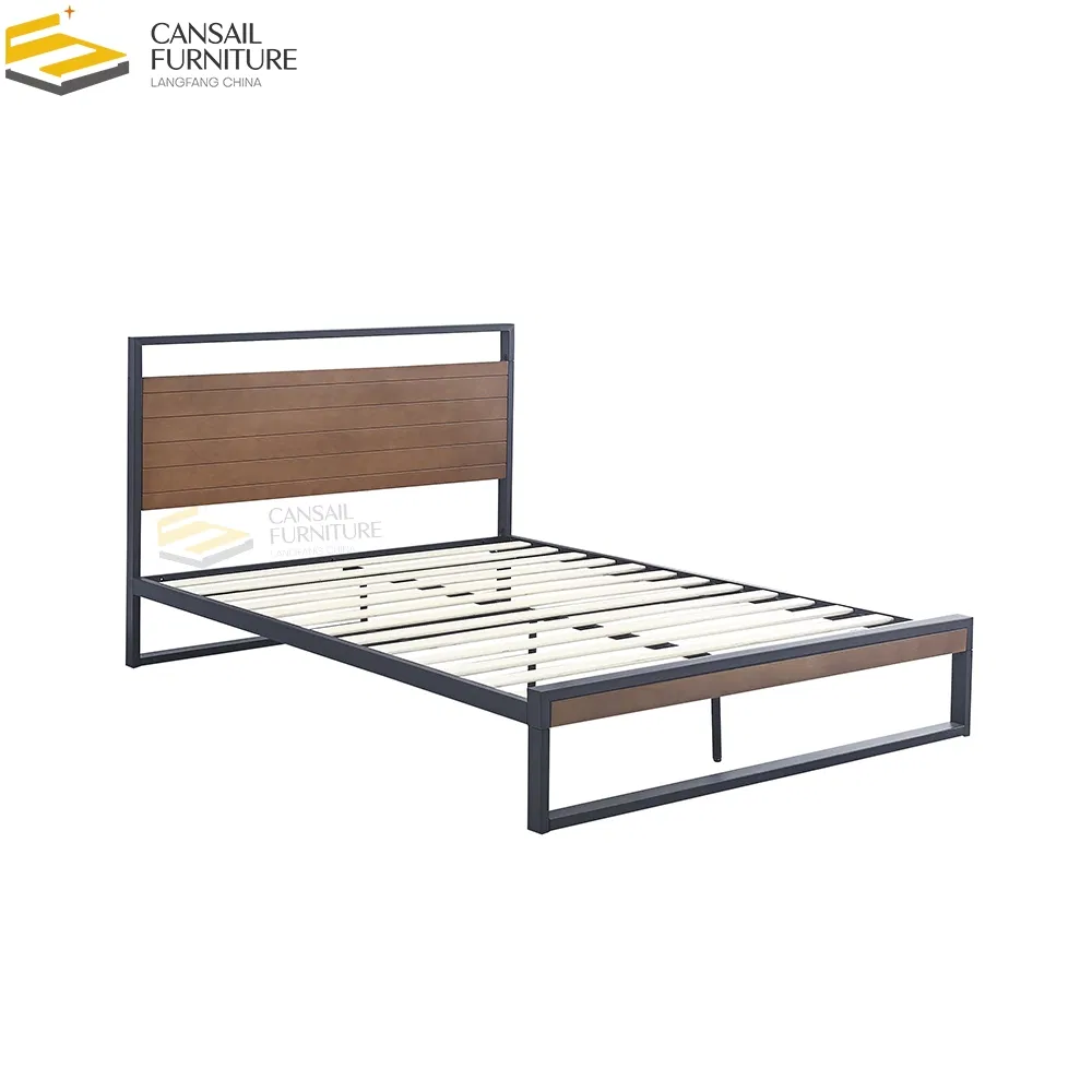 Estrutura de Cama Baixa de Metal com Cabeceira de Madeira, Cama Plataforma com Estrutura de Madeira com Ripas