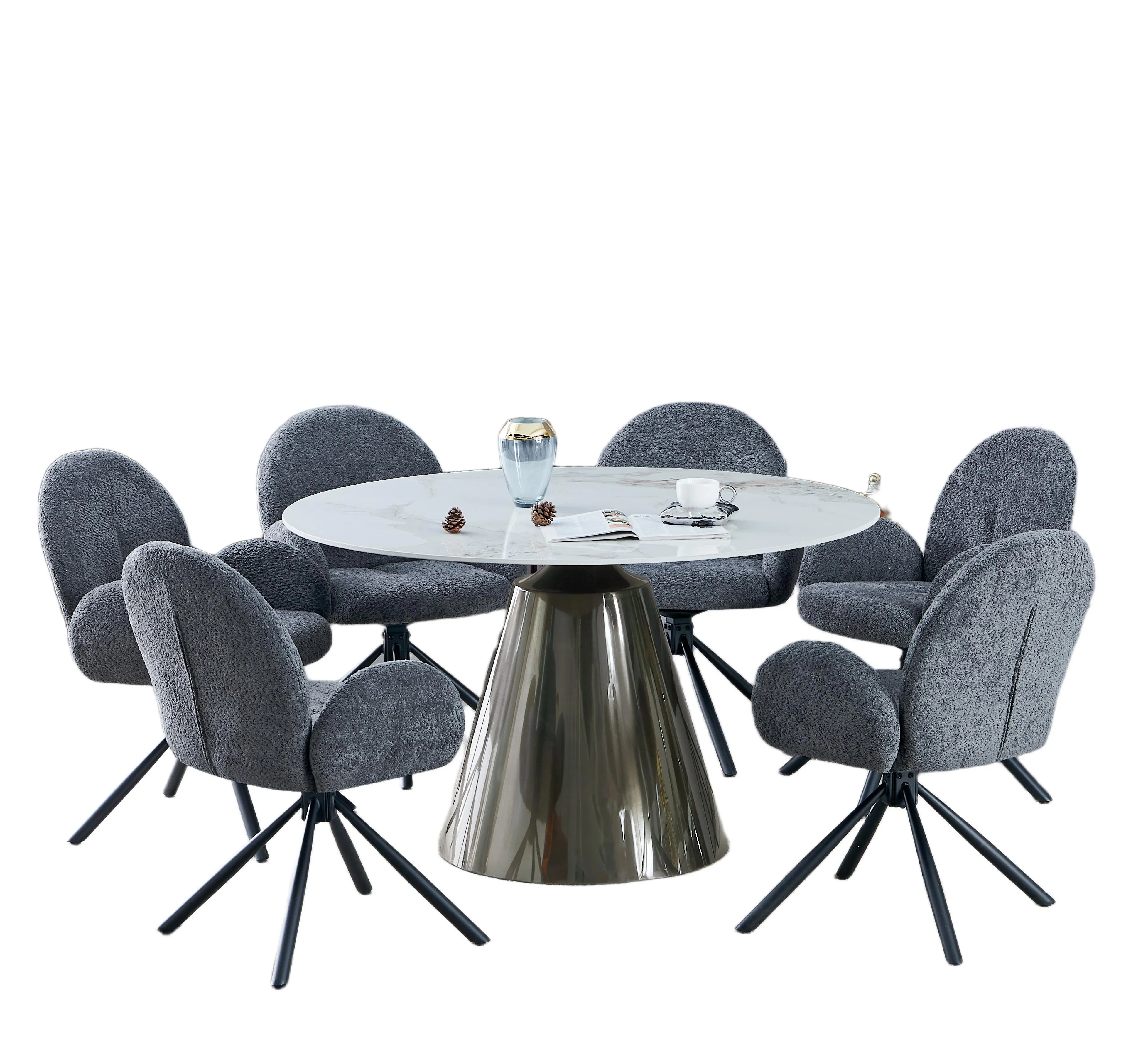 Mesa de Jantar Redonda de Pedra Sinterizada de Luxo Leve com Base Metálica Elegante