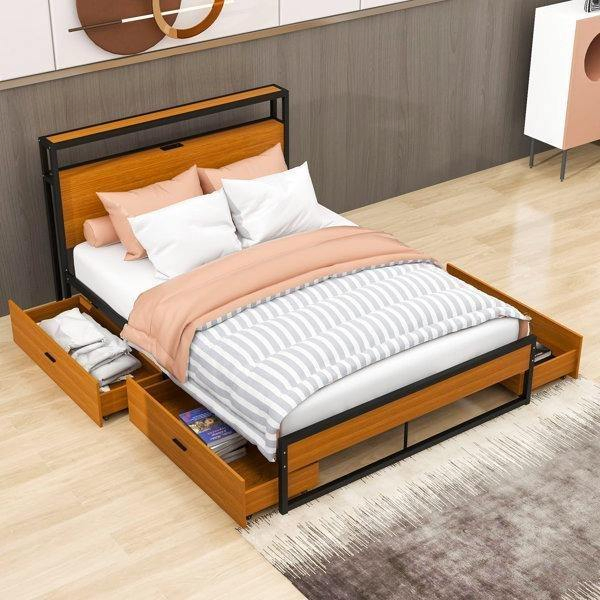 Estrutura de Cama Plataforma Metálica Retro Elegante com Portas USB