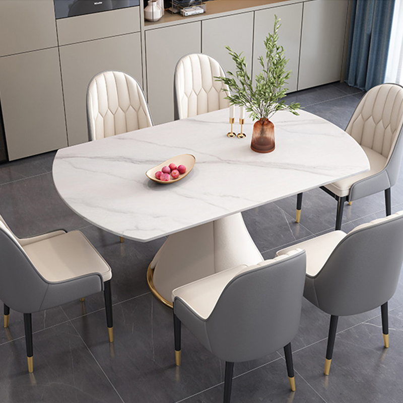 Conjunto de Jantar Redondo de Mármore com Tampo de Pedra Sinterizada Moderna de Luxo e Pernas Douradas Simples 6 Lugares