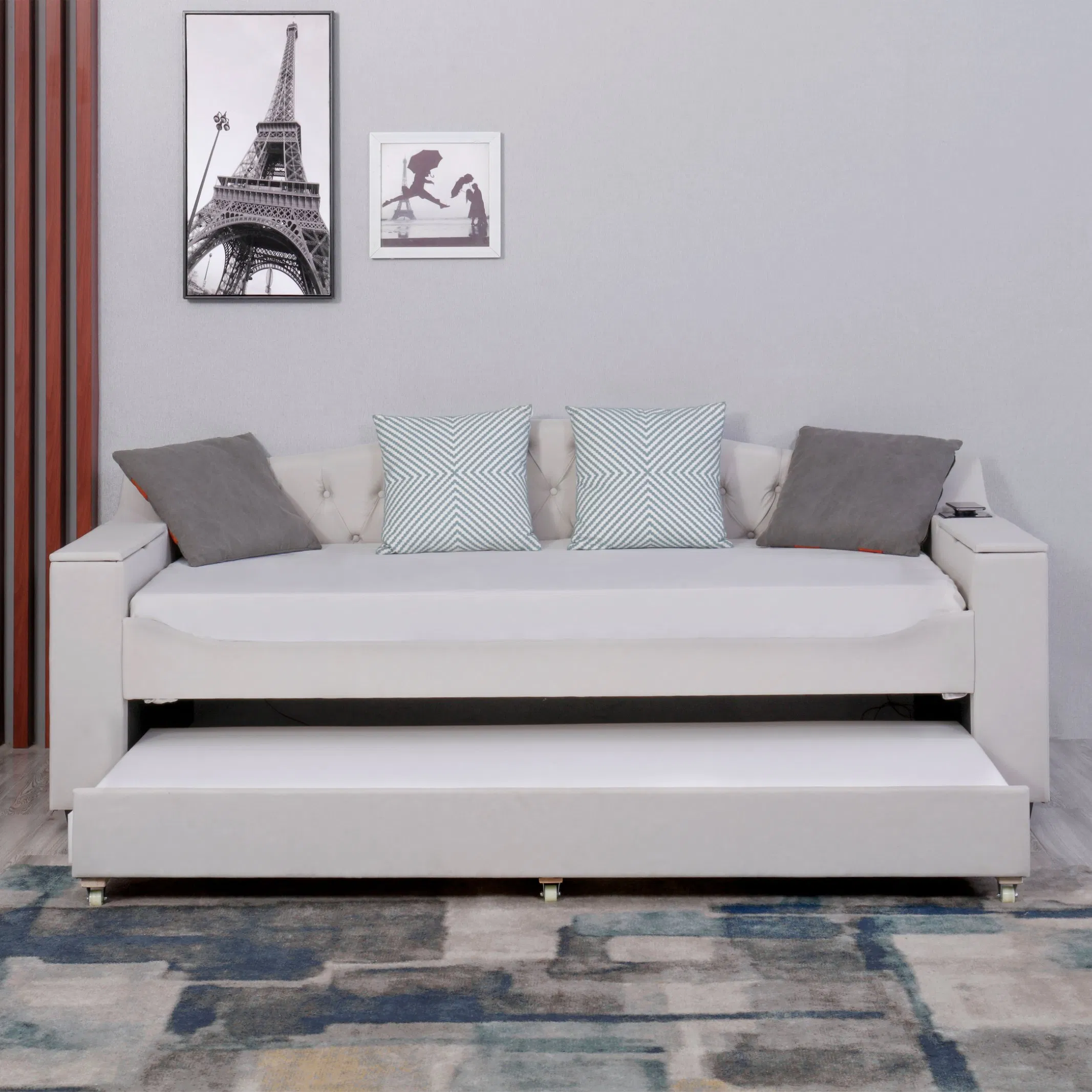 Sofá Chesterfield de madeira com armazenamento personalizado Huayang, designs dobráveis, OEM, carregamento sem fio com porta de carregamento