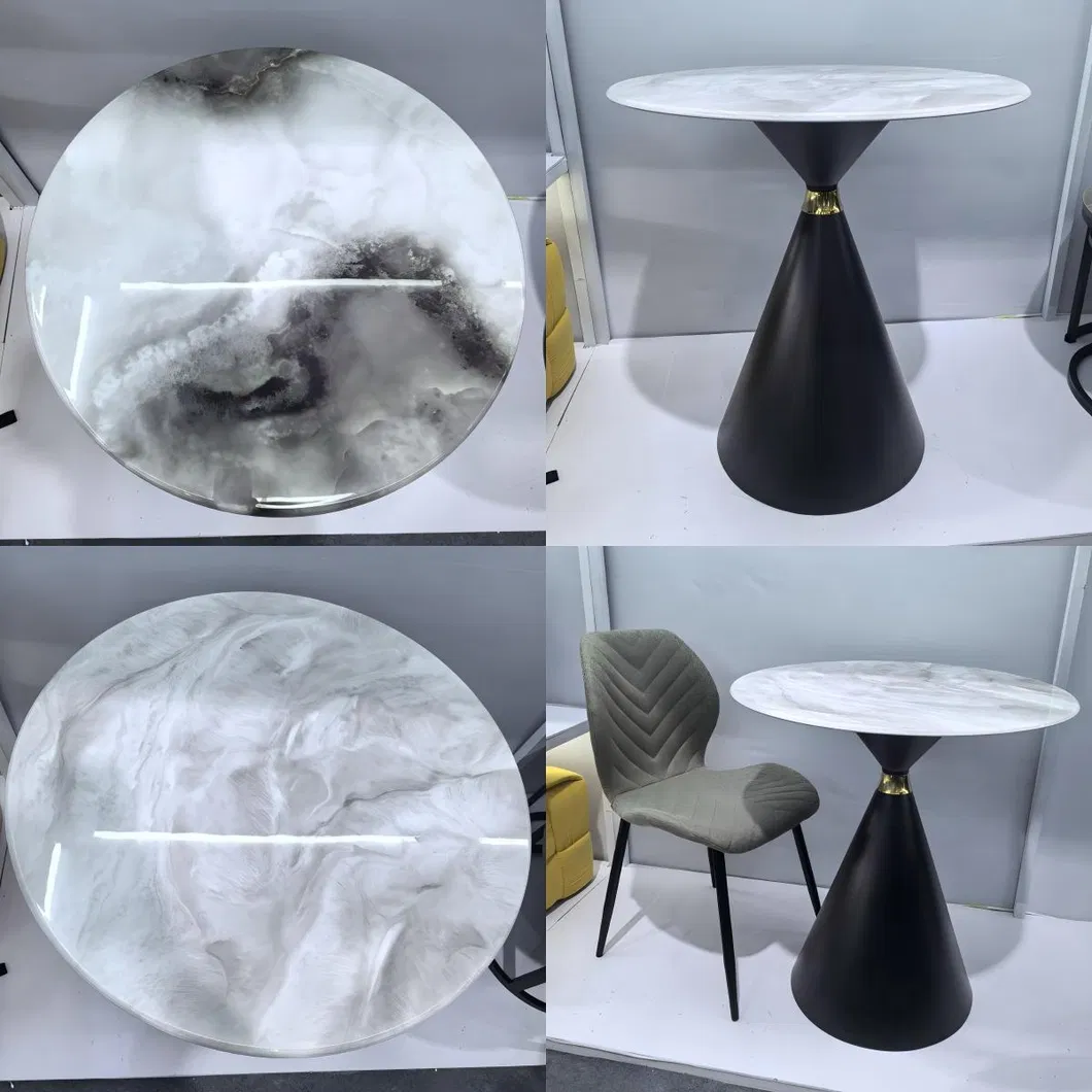 Mesa de Jantar Redonda Moderna Base Pedestal Tampo de Pedra Sinterizada Acento Dourado Mesa de Cozinha Interna