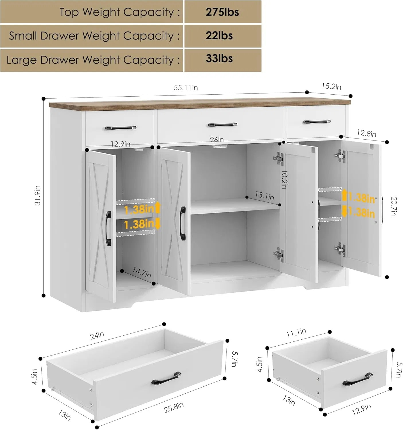 Buffet Lateral de Luxo Moderno com Gavetas, Armário de Armazenamento Elegante para Sala de Jantar