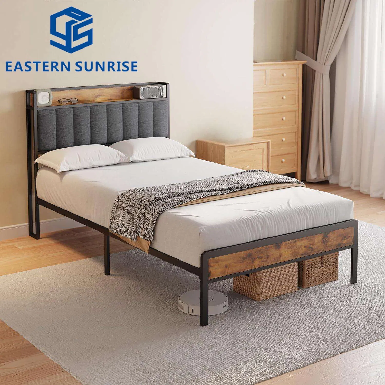 Cama Queen Estofada de Madeira Rústica com Espaço de Armazenamento Abaixo da Cama