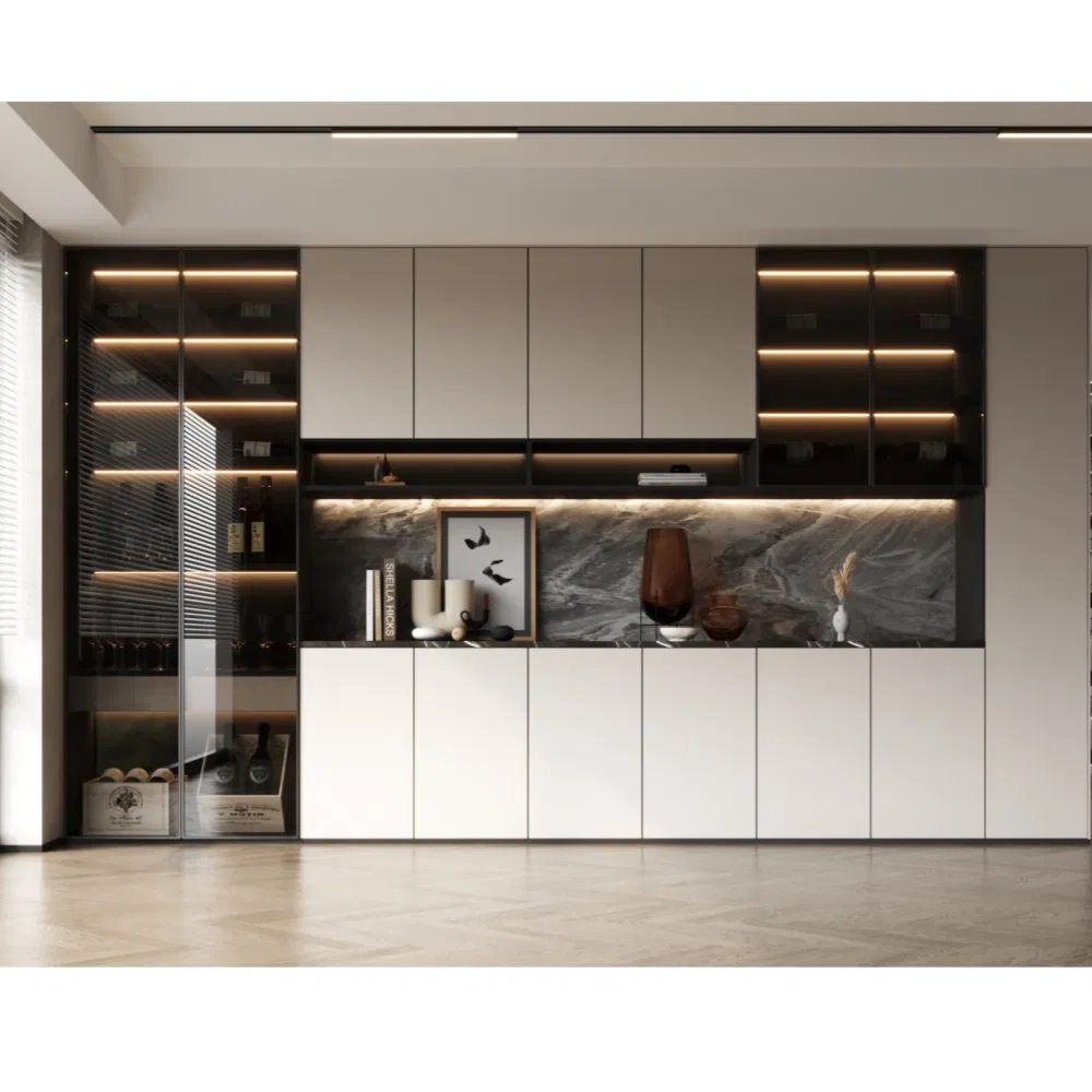 Buffet de Jantar em Painel de Partículas com Portas de Vidro e Faixa de Luz LED
