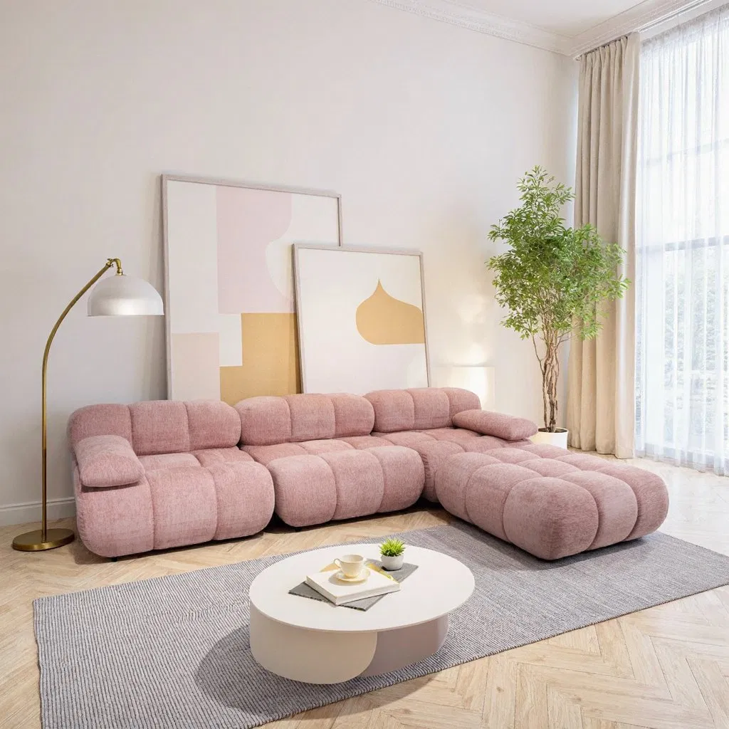Sofa - Vacuum Compression Modular Cube Sofa Pink Fabric L-Shaped Sectional Sofa Space-Saving