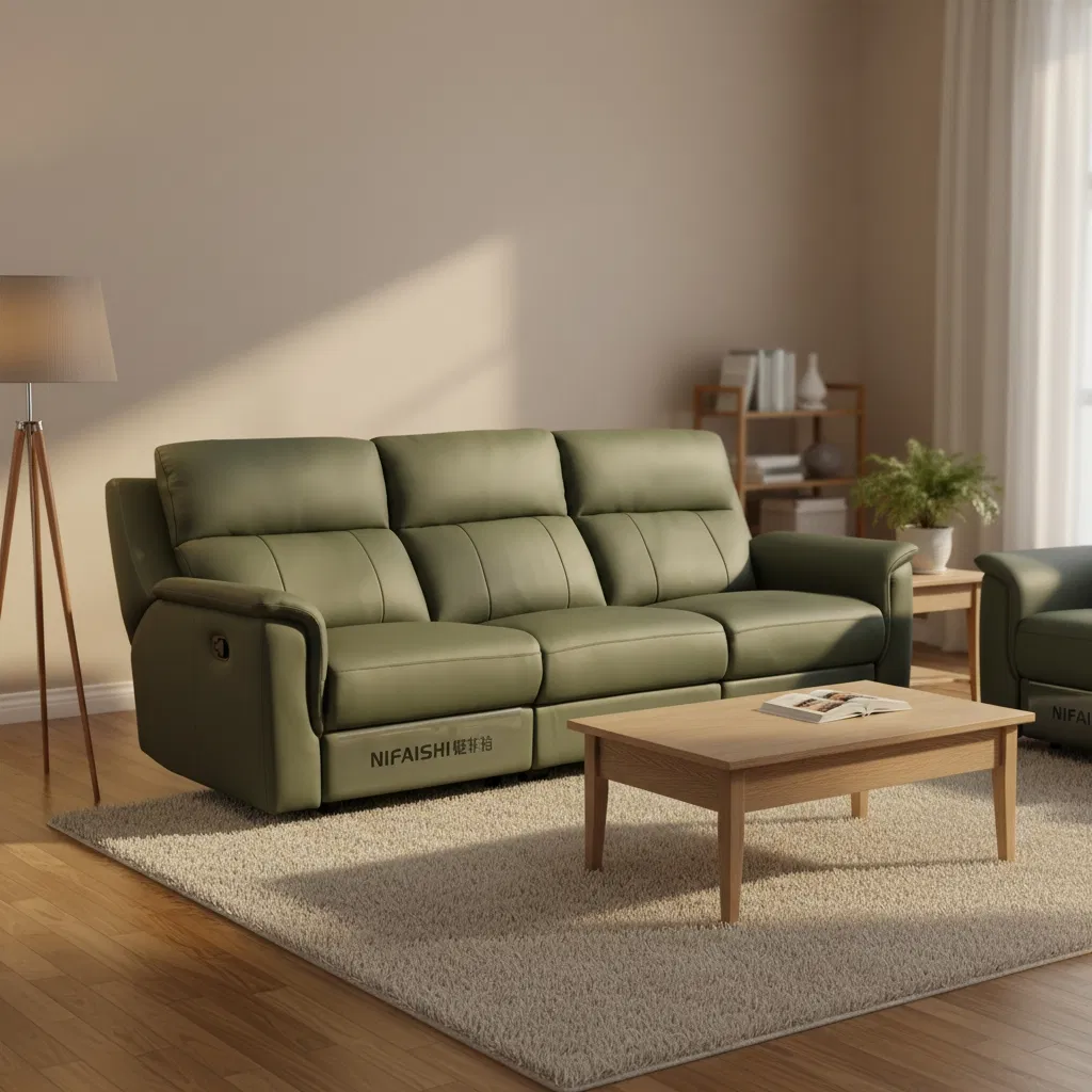 Luxury Living Room Furniture 3 2 1 Seater Reclining Sofa Green Genuine Leather Modern Sectional Electric Recliner Sofa Set