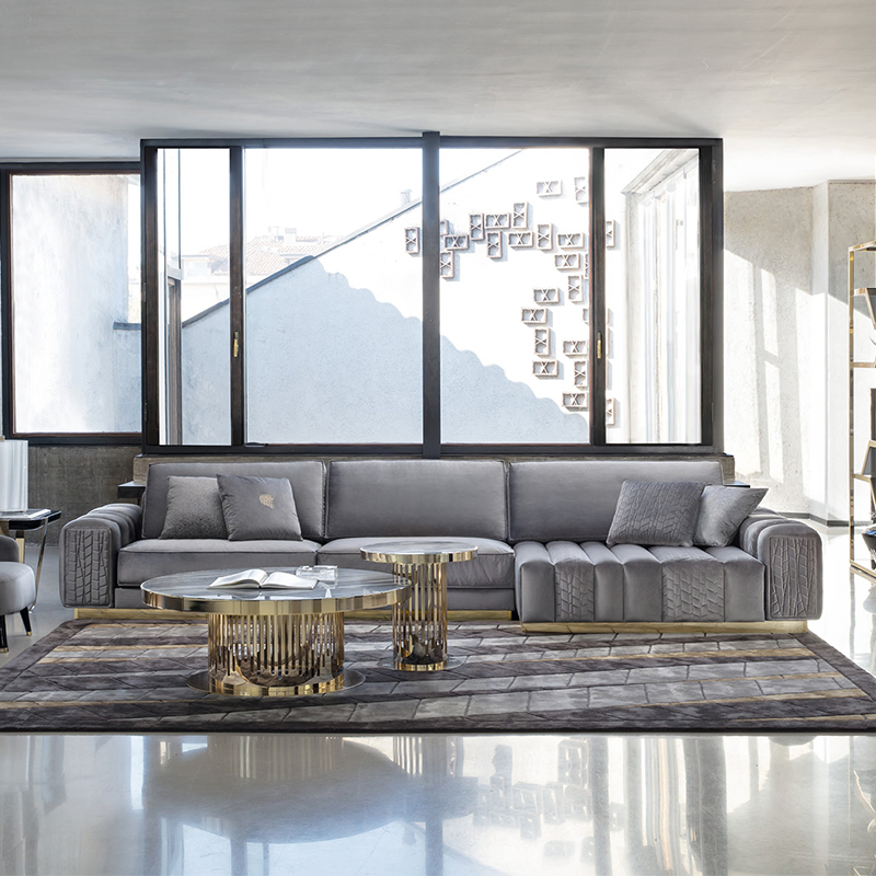 Foshan Wholesale Italian High-End Luxury Living Room Corner L-Shaped Velvet Fabric Sectional Sofa for Boutique Hotels