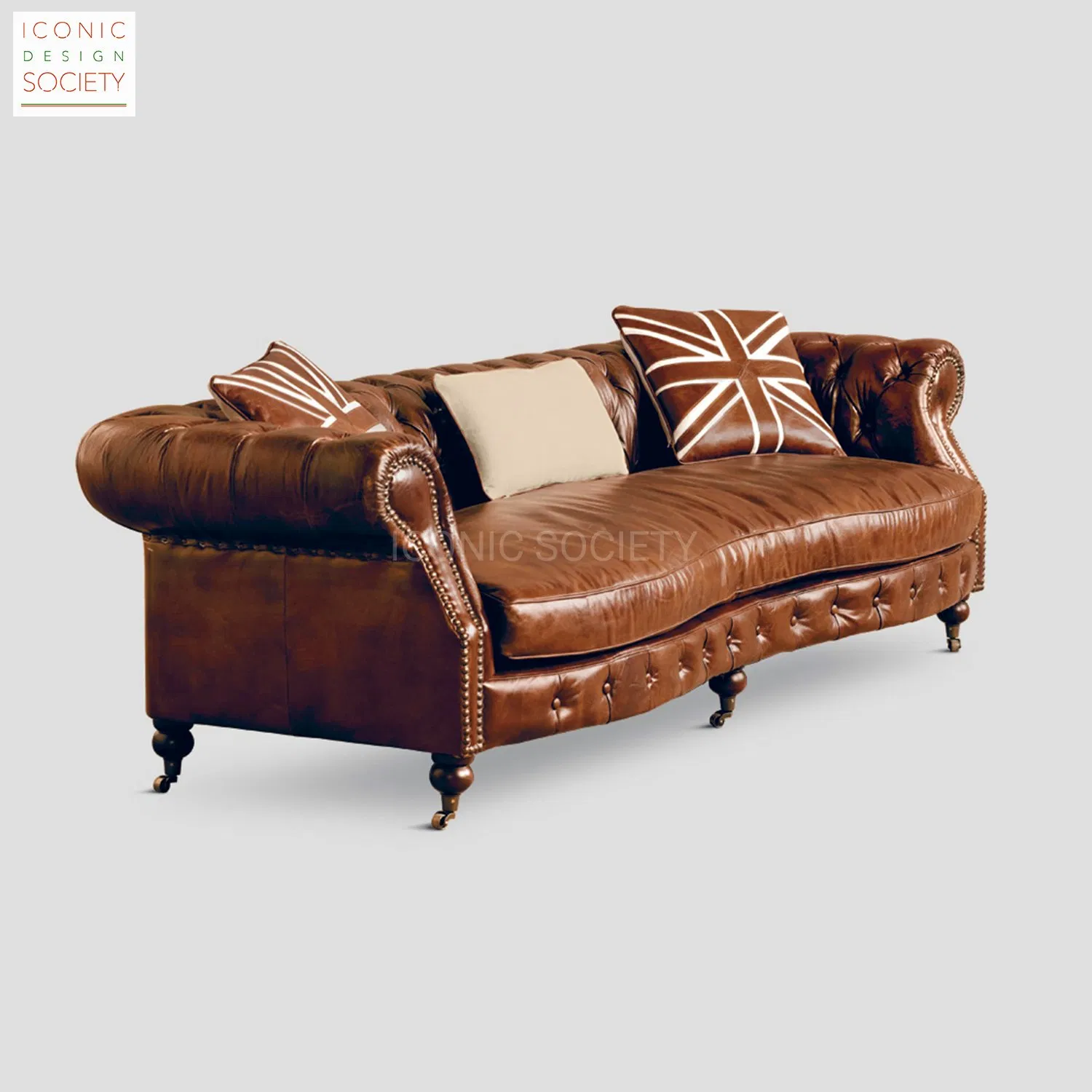 Classic Hotel Living Room Furniture Luxury Handmade Curved Seat Castor Feet Tufted Genuine Leather Chesterfield Sofa