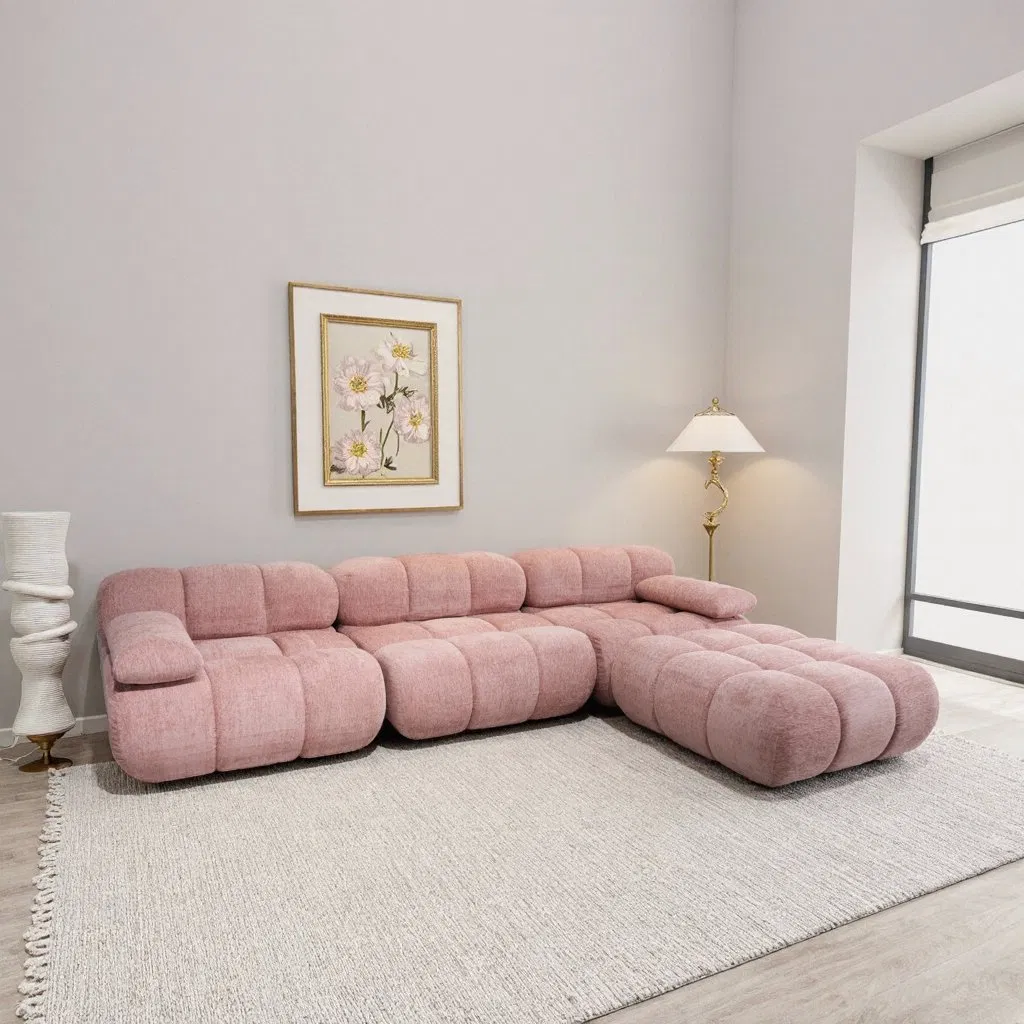 Sofa - Vacuum Compression Modular Cube Sofa Pink Fabric L-Shaped Sectional Sofa Space-Saving
