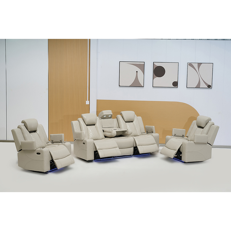 Beige Leather Home Theater Power Recliner Sofa Set with Multifunctional Speaker and LED