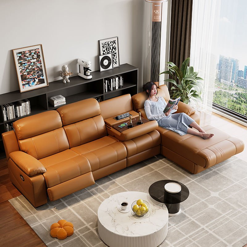 Modern Luxury Living Room Furniture Set New Design Corner L-Shaped Sofa with Cup Holder USB Electric Leather Function Sofa
