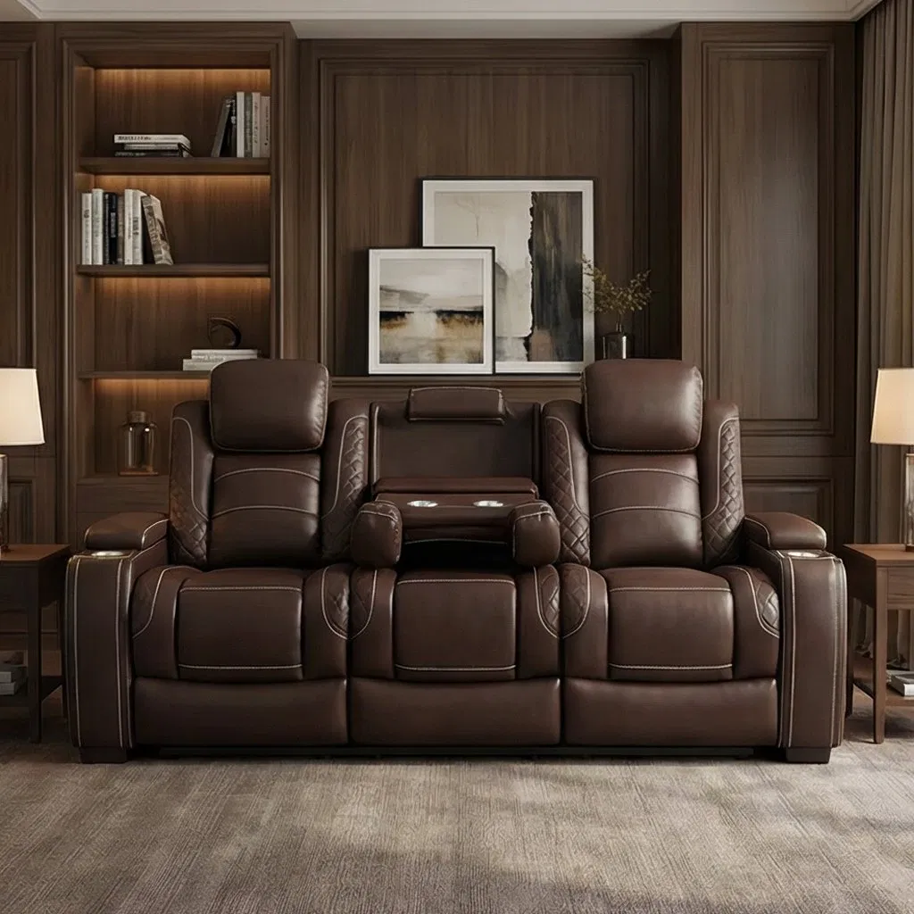 2026 Modern 3-Piece Power Reclining Sofa Set for Home Cinema Genuine Brown Air Leather for Living Room