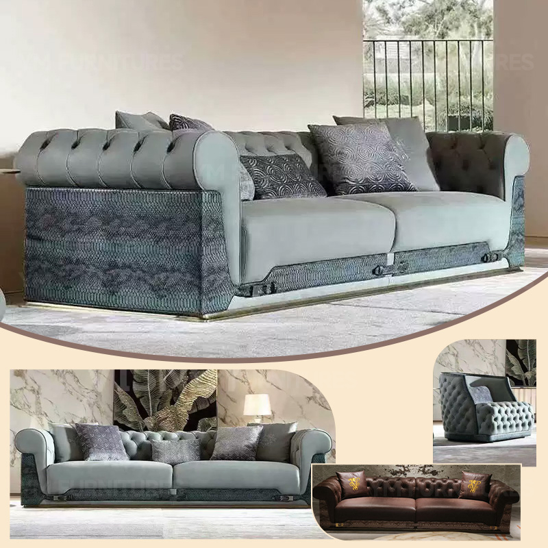 Villa Large Flat High End Leather Sectional Chesterfield Modern I-Shape Tufted Living Room Sofa