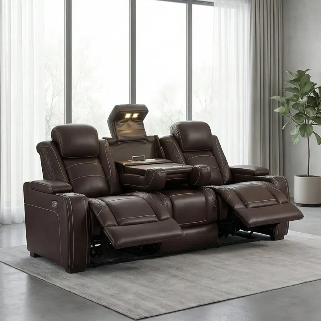 2026 Modern 3-Piece Power Reclining Sofa Set for Home Cinema Genuine Brown Air Leather for Living Room