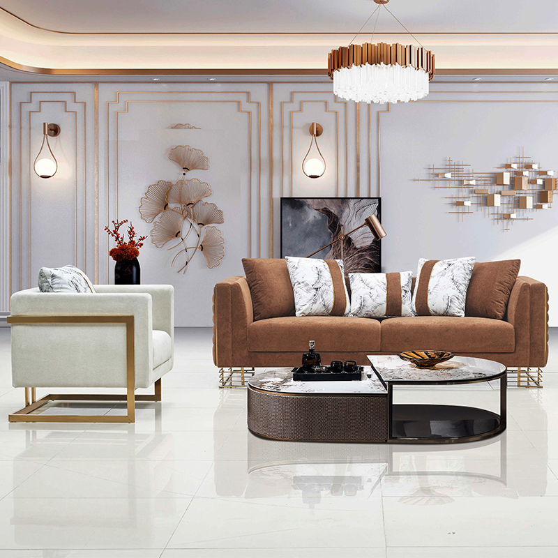 Brown Velvet Modern Metal Foot Sofa Light Luxury Living Room Furniture Stain Resistant Performance Fabric Luxury Couch &amp; Leather Sofa