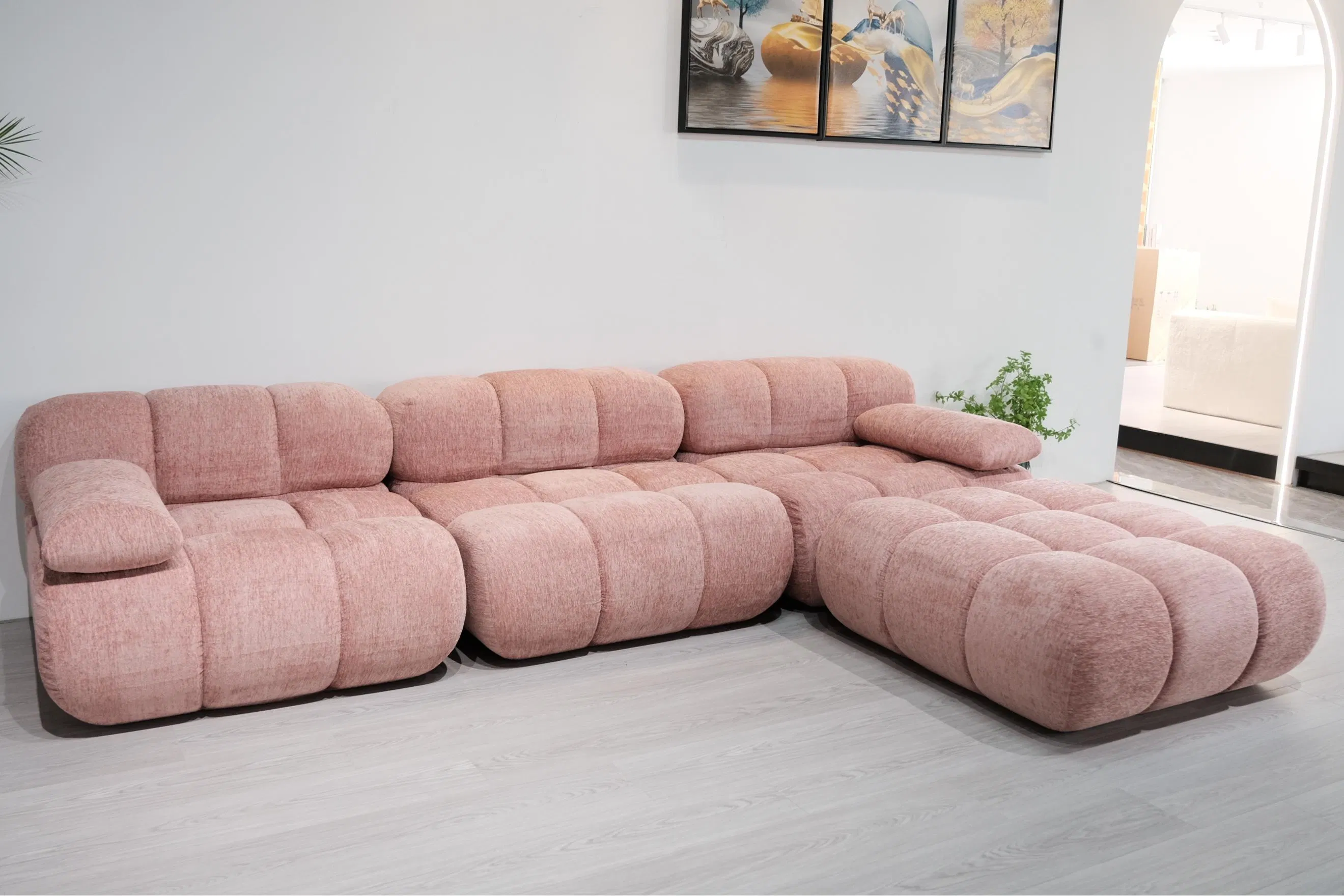Sofa - Vacuum Compression Modular Cube Sofa Pink Fabric L-Shaped Sectional Sofa Space-Saving