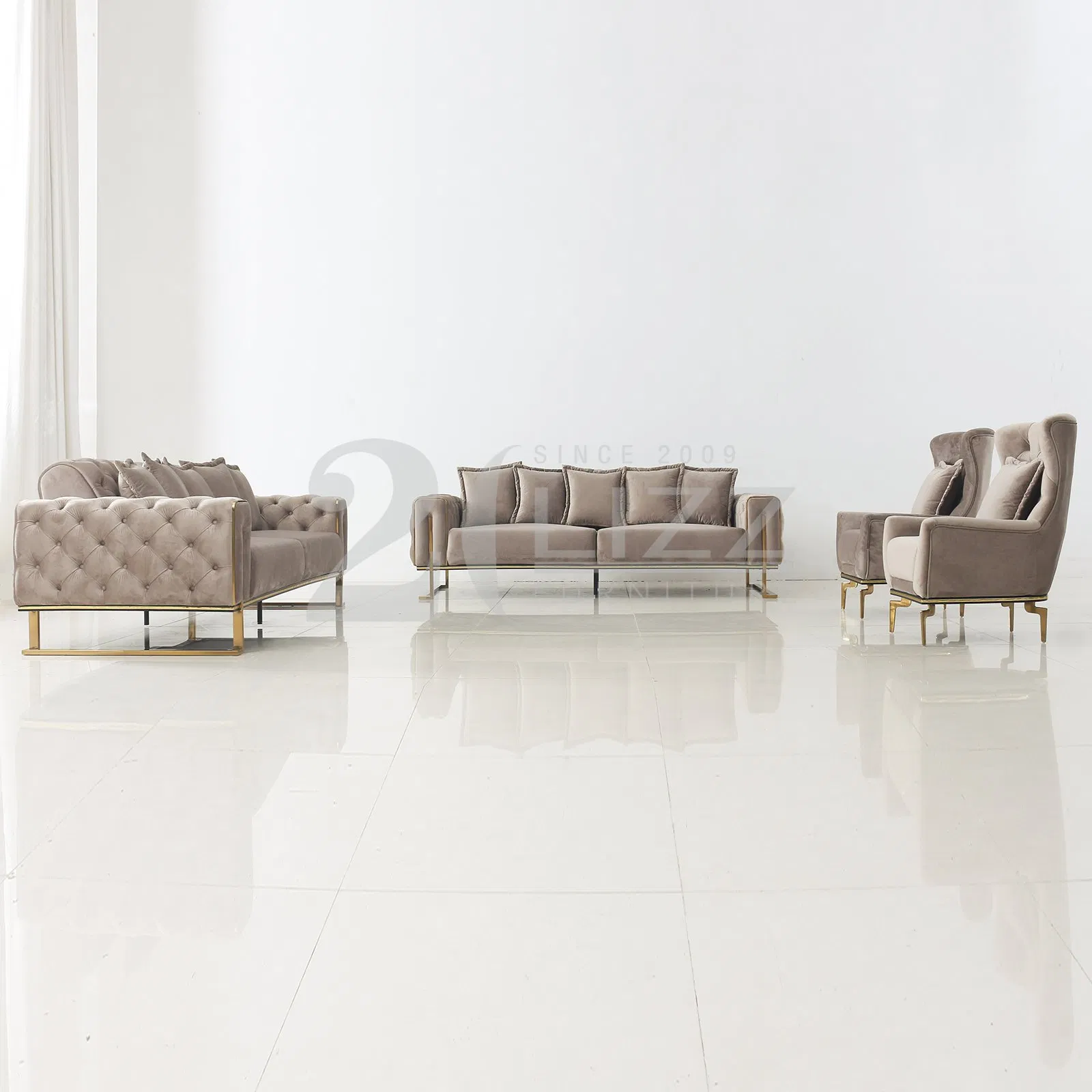 Modern Luxury Living Room Furniture Tufted Velvet Fabric 3 Seater Sofa &amp; Sofa Bed