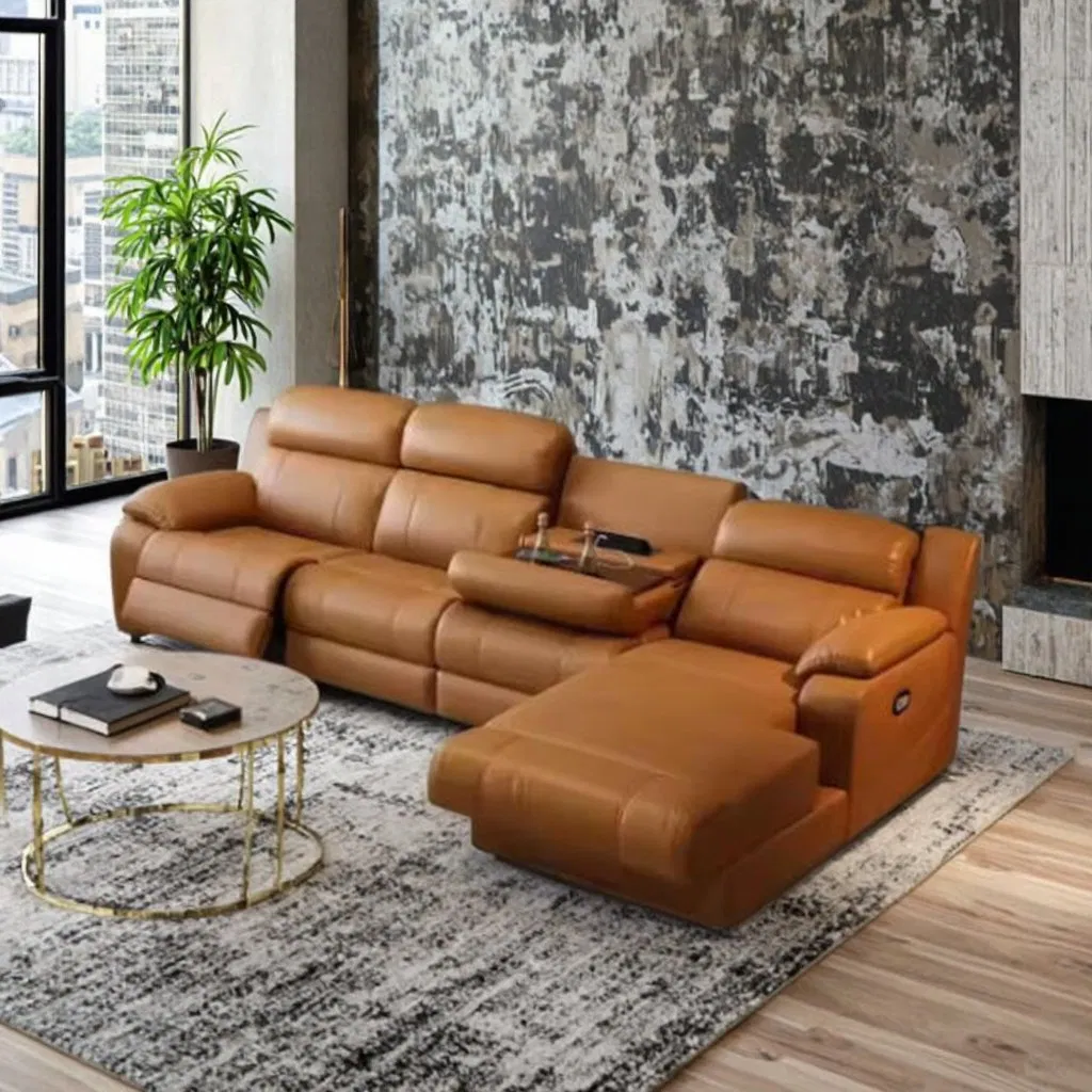 Modern Luxury Genuine Leather Wood Sofa Set Sectional Modular L-Shaped Corner Adjustable Height Living Room