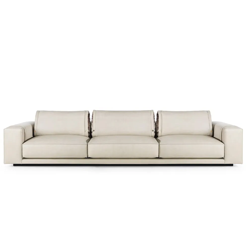 High End Manor Villa 7-Seater L-Shaped Fabric Sofa in Beige with Patterned Pillows