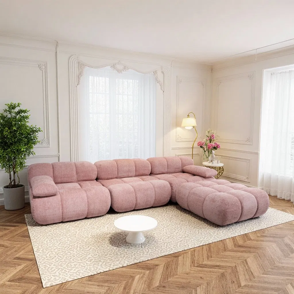 Sofa - Vacuum Compression Modular Cube Sofa Pink Fabric L-Shaped Sectional Sofa Space-Saving