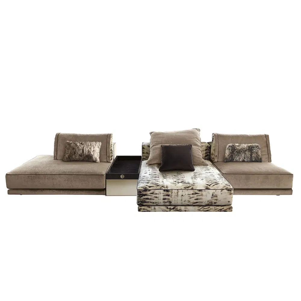 High End Manor Villa 7-Seater L-Shaped Fabric Sofa in Beige with Patterned Pillows