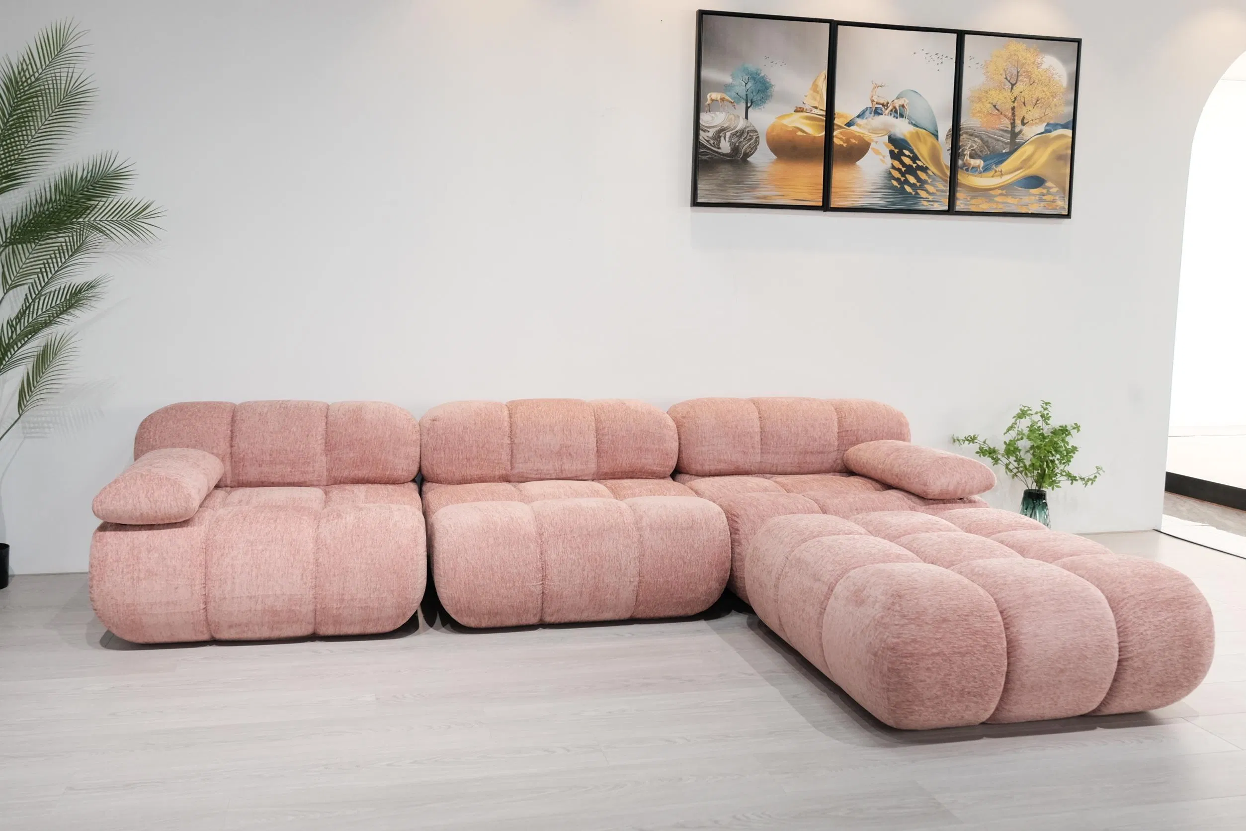 Sofa - Vacuum Compression Modular Cube Sofa Pink Fabric L-Shaped Sectional Sofa Space-Saving