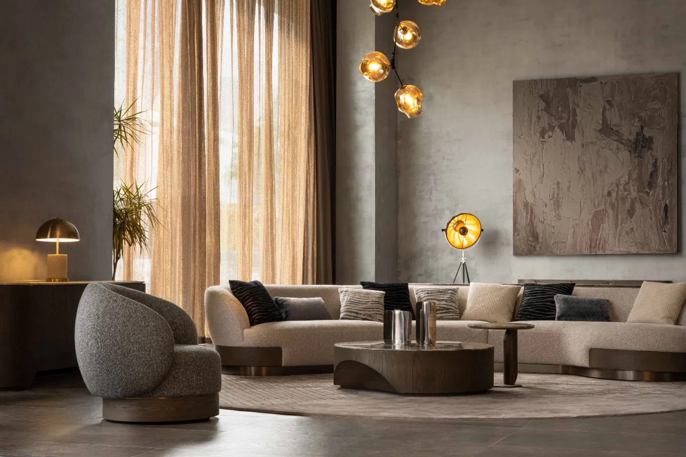 Modern Trendy Large Sized Handcrafted Curved Arc Shaped Leather Light Luxury Sofa