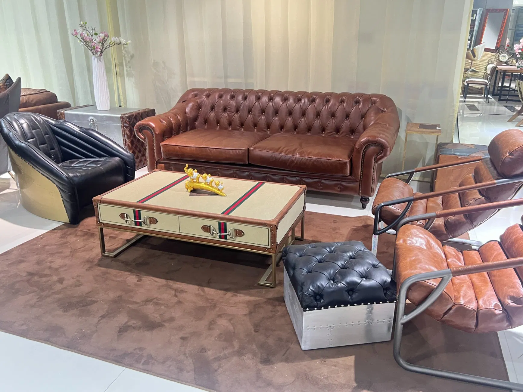 Foshan Luxury Modern Furniture Factory Living Room Leather Sofa Set Furniture Chesterfield Genuine Leather Sofa