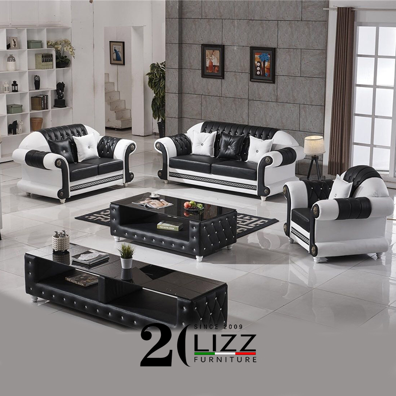 China Factory Leisure Chesterfield Living Room Tufted Leather Sofa Set for Villa