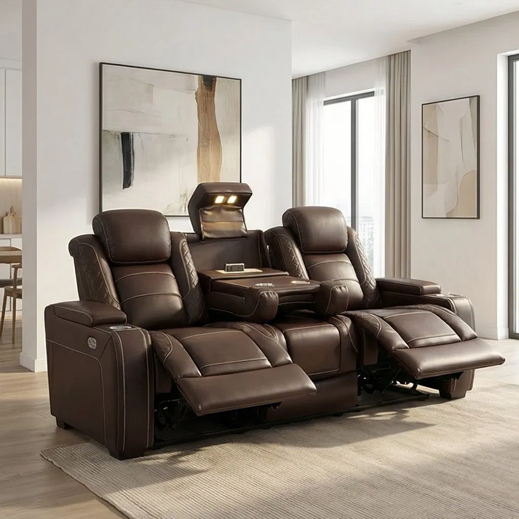2026 Modern 3-Piece Power Reclining Sofa Set for Home Cinema Genuine Brown Air Leather for Living Room