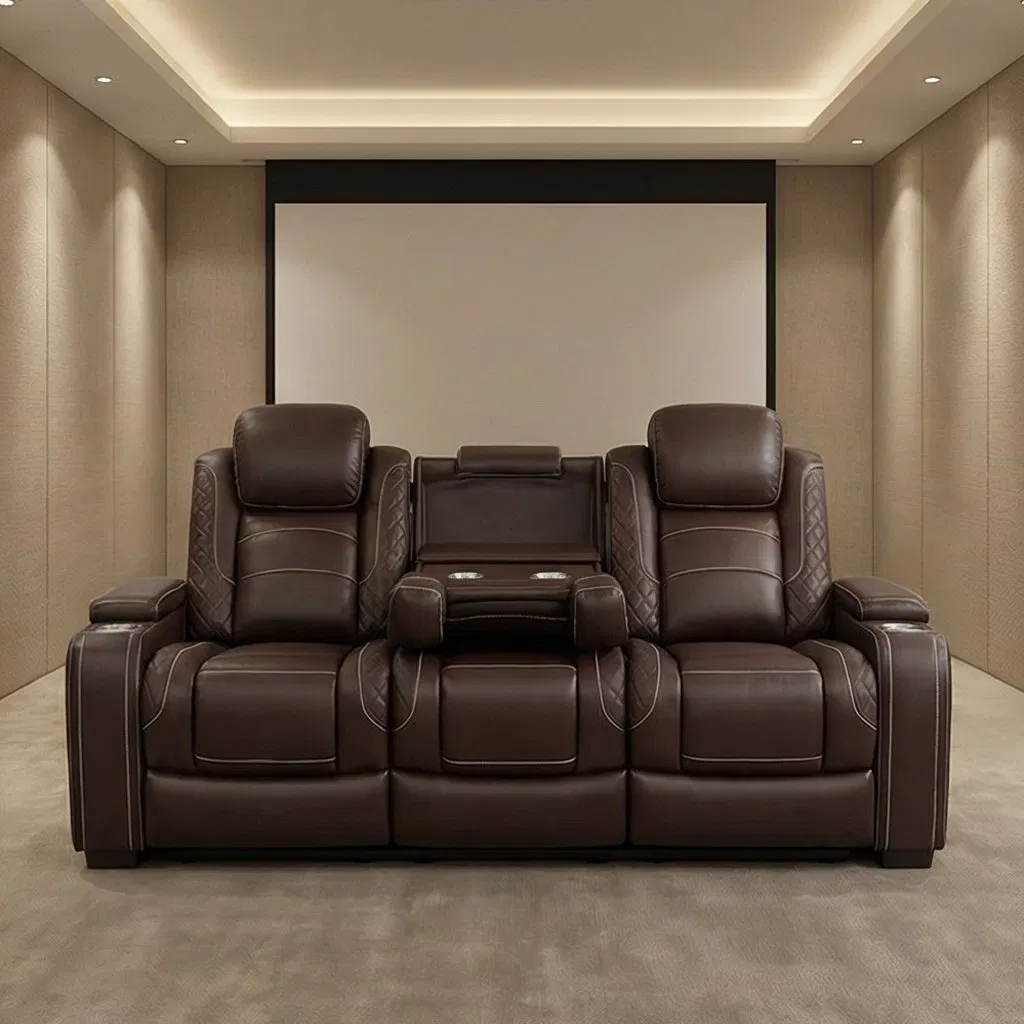 2026 Modern 3-Piece Power Reclining Sofa Set for Home Cinema Genuine Brown Air Leather for Living Room