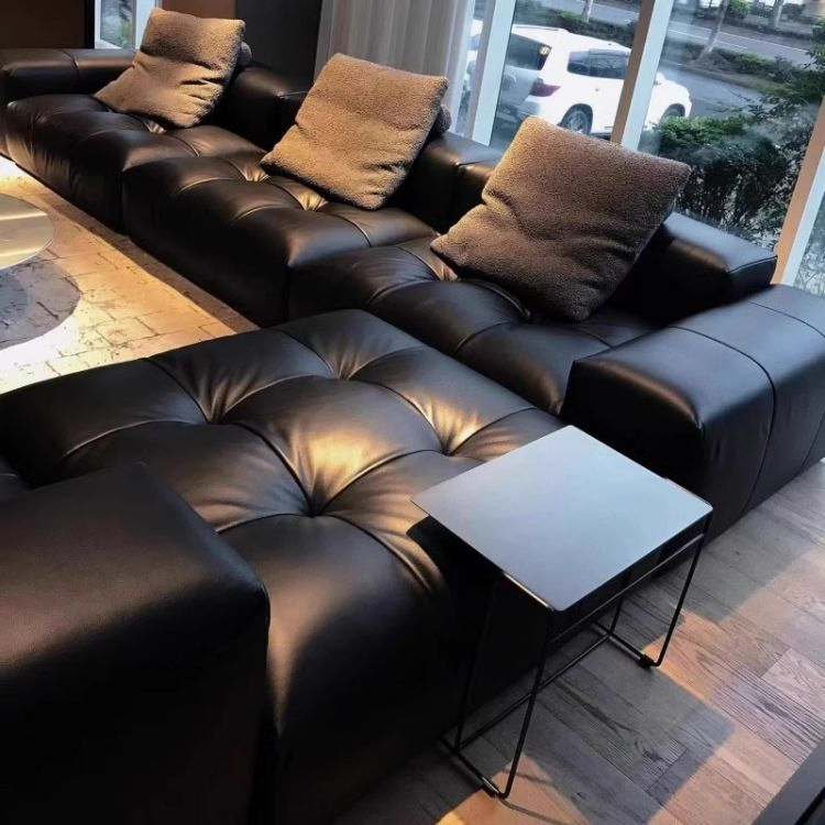 Simple and Luxurious Style Black Leather L-Shaped Sofa