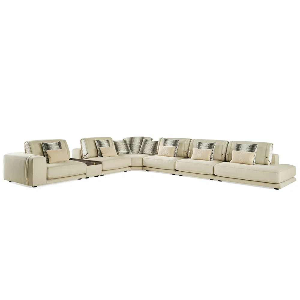 High End Manor Villa 7-Seater L-Shaped Fabric Sofa in Beige with Patterned Pillows