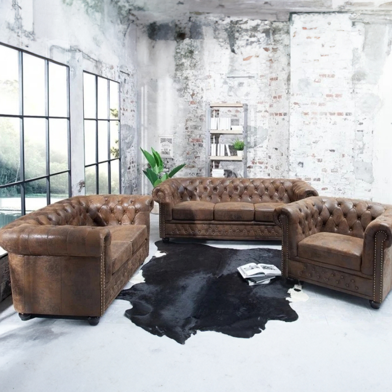 Huayang Leather Living Room Set Modern Leather Elegant Upholstered Sofa Chesterfield Sofa