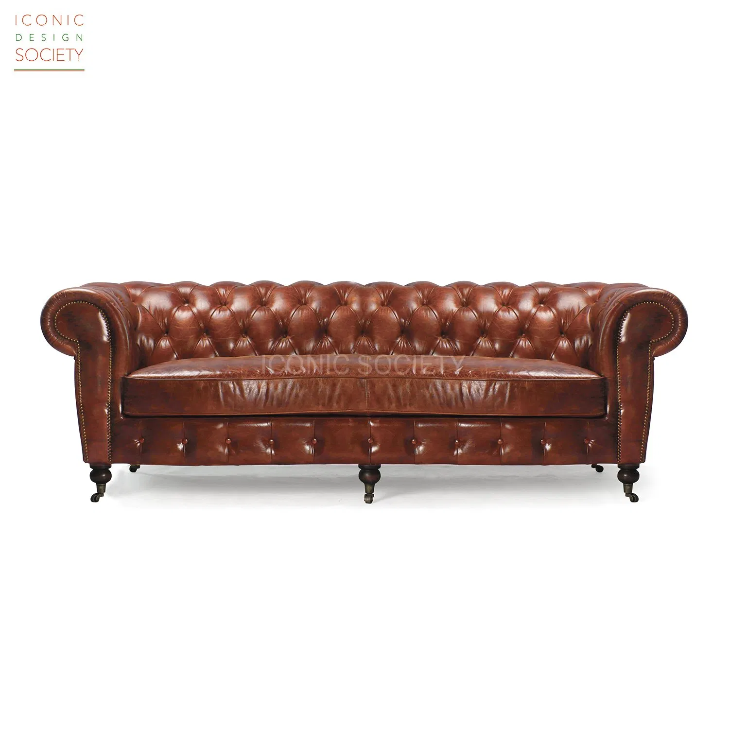 Classic Hotel Living Room Furniture Luxury Handmade Curved Seat Castor Feet Tufted Genuine Leather Chesterfield Sofa