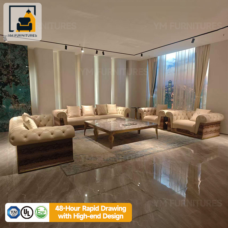 Villa Large Flat High End Leather Sectional Chesterfield Modern I-Shape Tufted Living Room Sofa