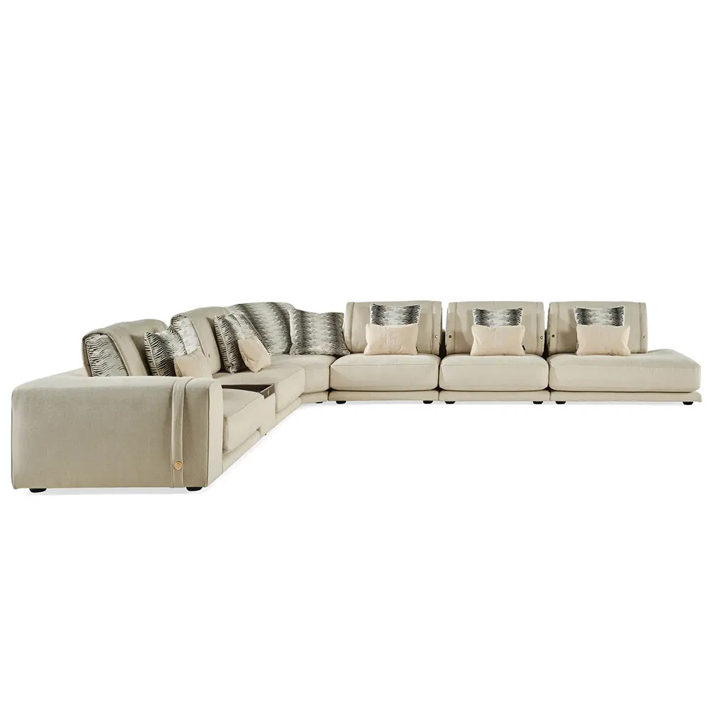 High End Manor Villa 7-Seater L-Shaped Fabric Sofa in Beige with Patterned Pillows