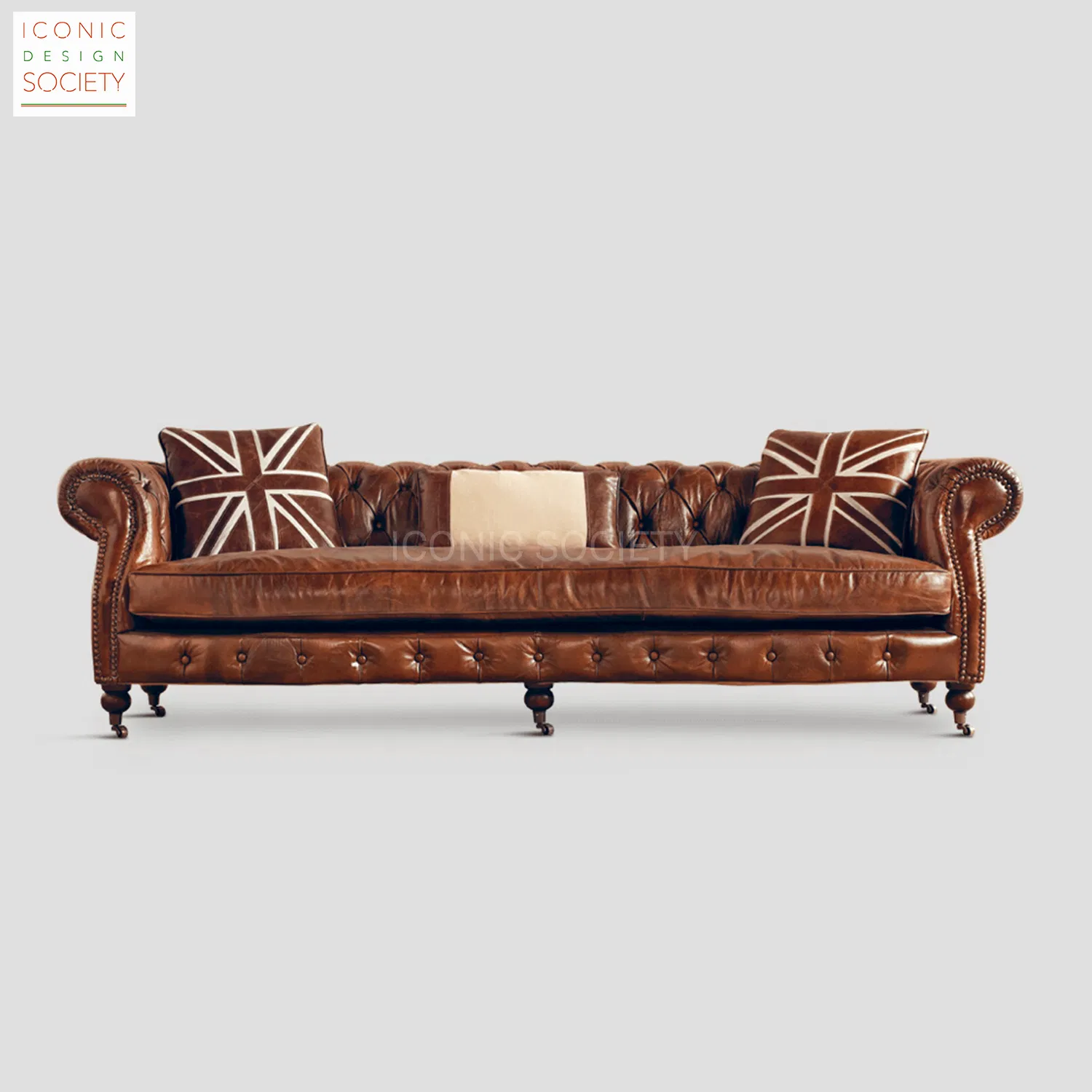 Classic Hotel Living Room Furniture Luxury Handmade Curved Seat Castor Feet Tufted Genuine Leather Chesterfield Sofa