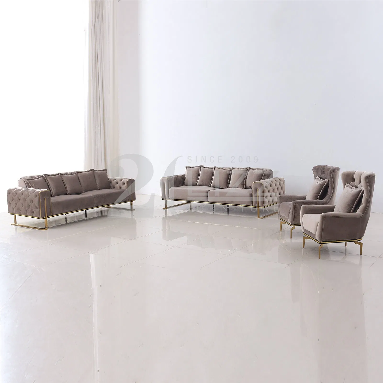 Modern Luxury Living Room Furniture Tufted Velvet Fabric 3 Seater Sofa &amp; Sofa Bed