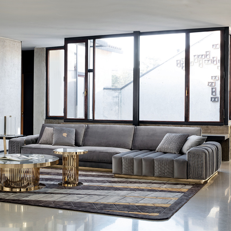 Foshan Wholesale Italian High-End Luxury Living Room Corner L-Shaped Velvet Fabric Sectional Sofa for Boutique Hotels
