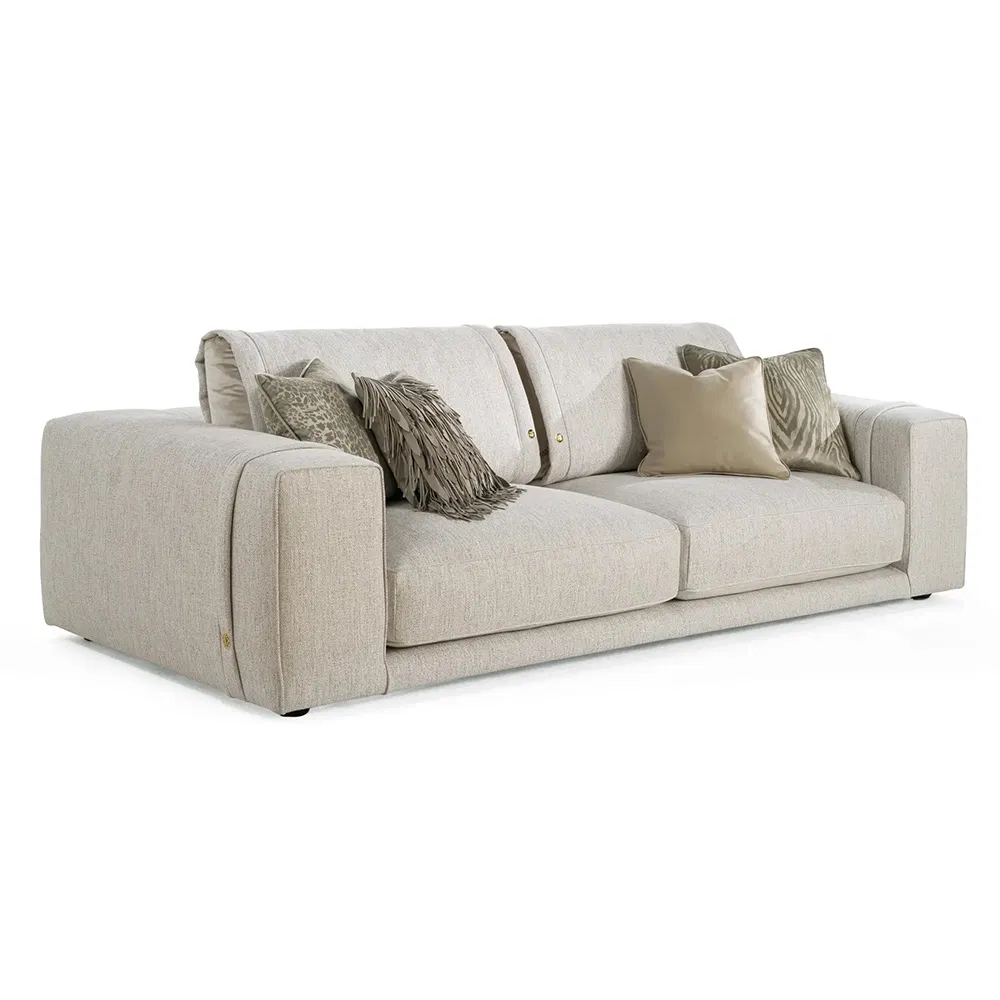 High End Manor Villa 7-Seater L-Shaped Fabric Sofa in Beige with Patterned Pillows
