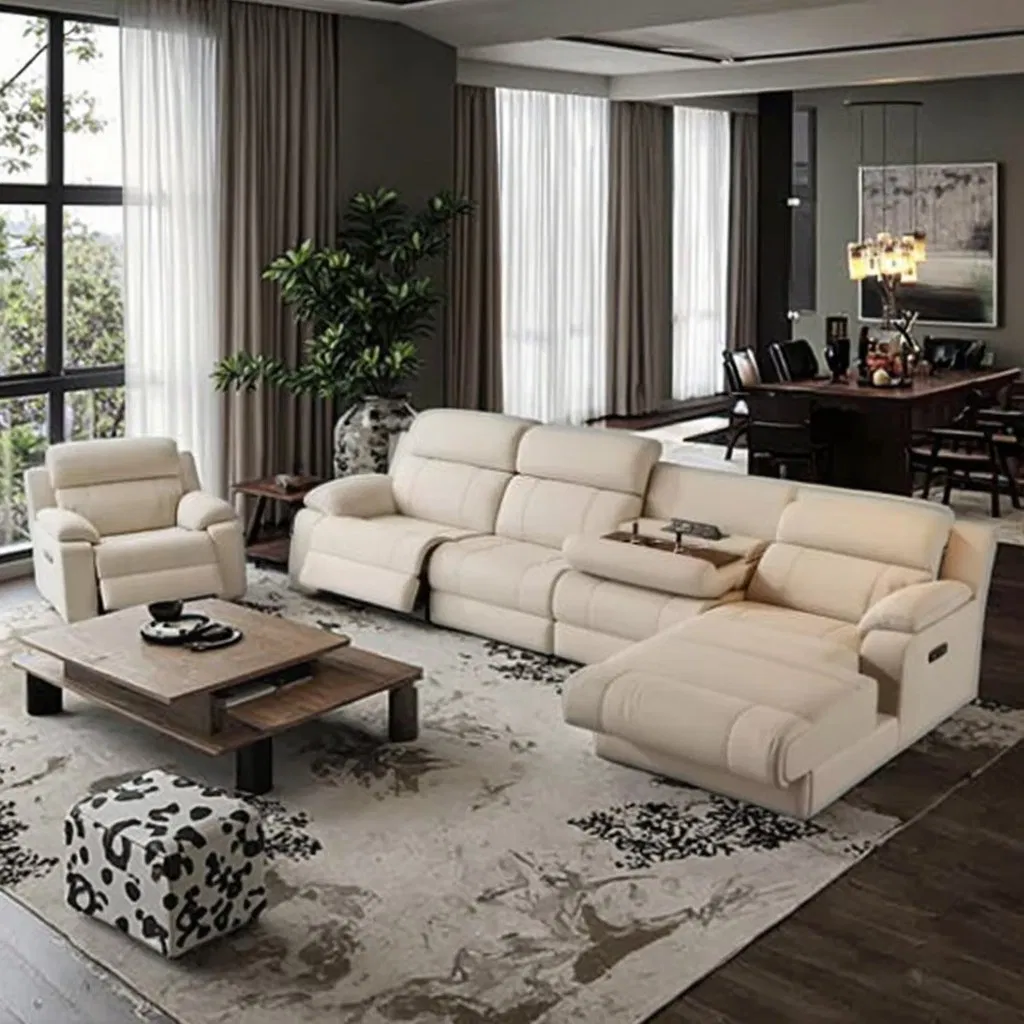 Modern Luxury Genuine Leather Wood Sofa Set Sectional Modular L-Shaped Corner Adjustable Height Living Room