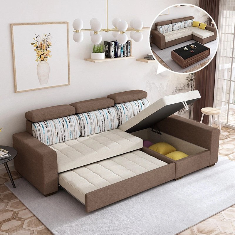 Modern Multi-Functional Linen Sofa Bed for Three Persons with Easy Conversion, Folding Convertible Sleeper Foldable Reclining Model with Reliable Mechanism