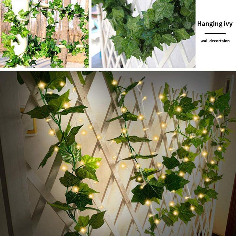 Luzes de Fada de Fio de Cobre com Folhas de Hera Verde Artificial Alimentadas por Bateria Solar para Decoração de Jardim, Pátio, Casamento e Natal
